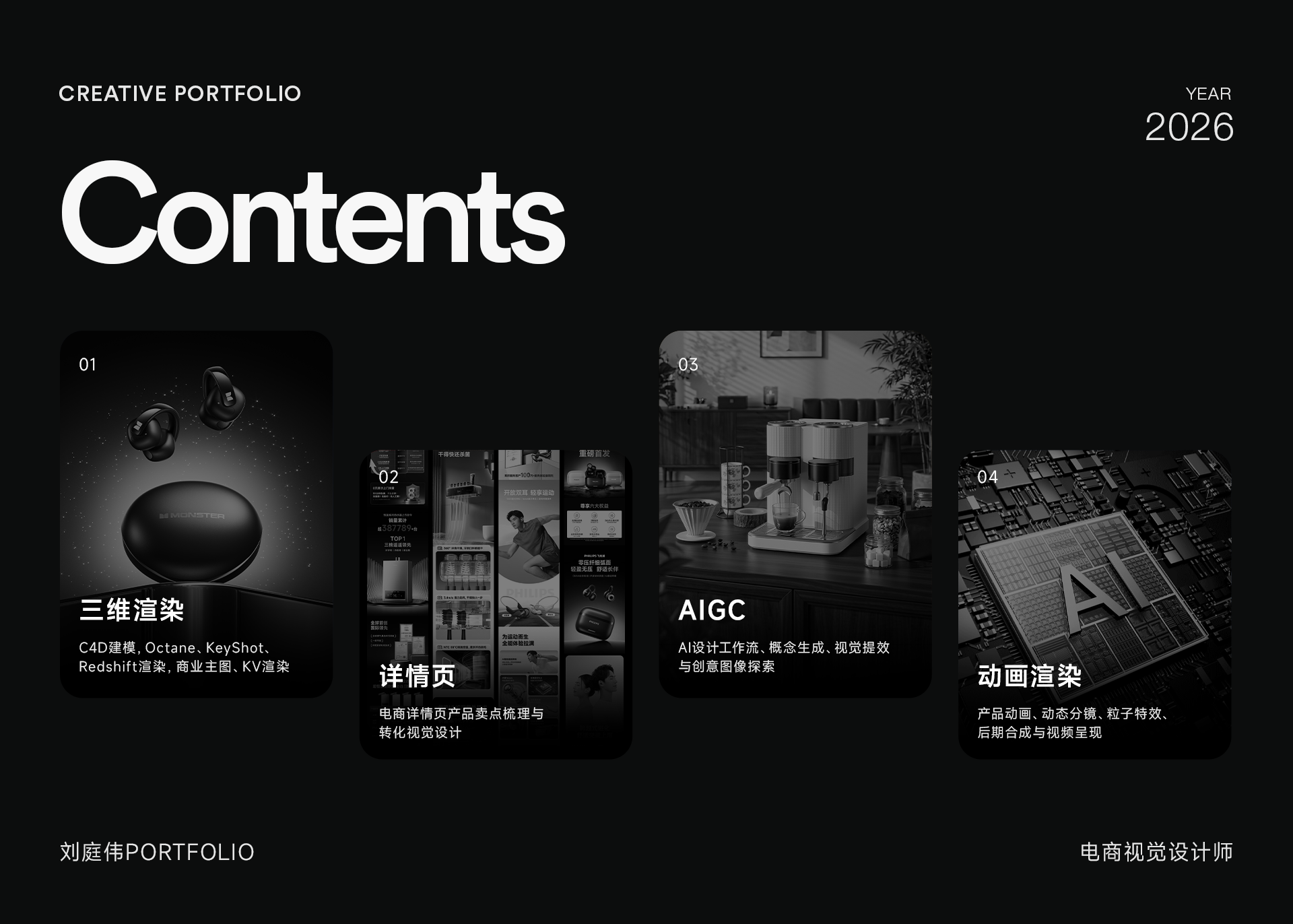 Portfolio contents in black and white